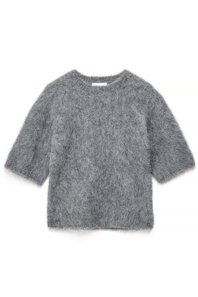 Grey Melange Knitted Alpaca Blend Short Sleeve Sweater