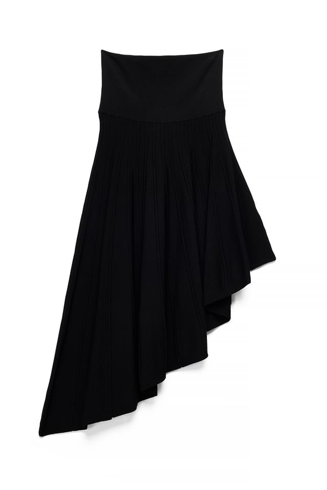 Black Knitted Asymmetric Rib Midi Skirt
