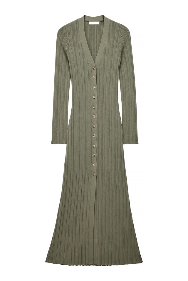 Khaki Green Stickad Cardigan Midiklänning
