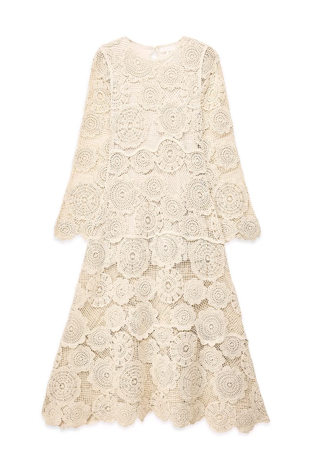 Cream Knitted Crochet Flare Maxi Dress