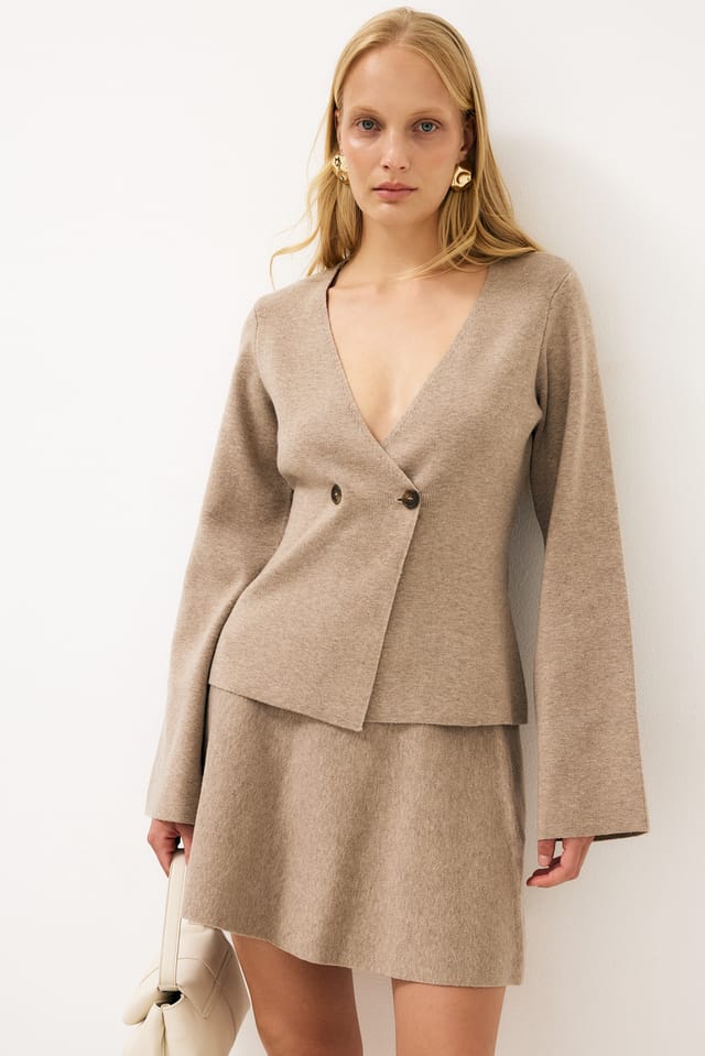 Beige Knitted Flared Mini Skirt