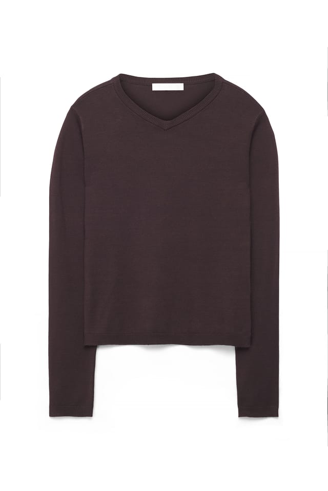 Brown langärmeliges Stricktop mit V-Ausschnitt