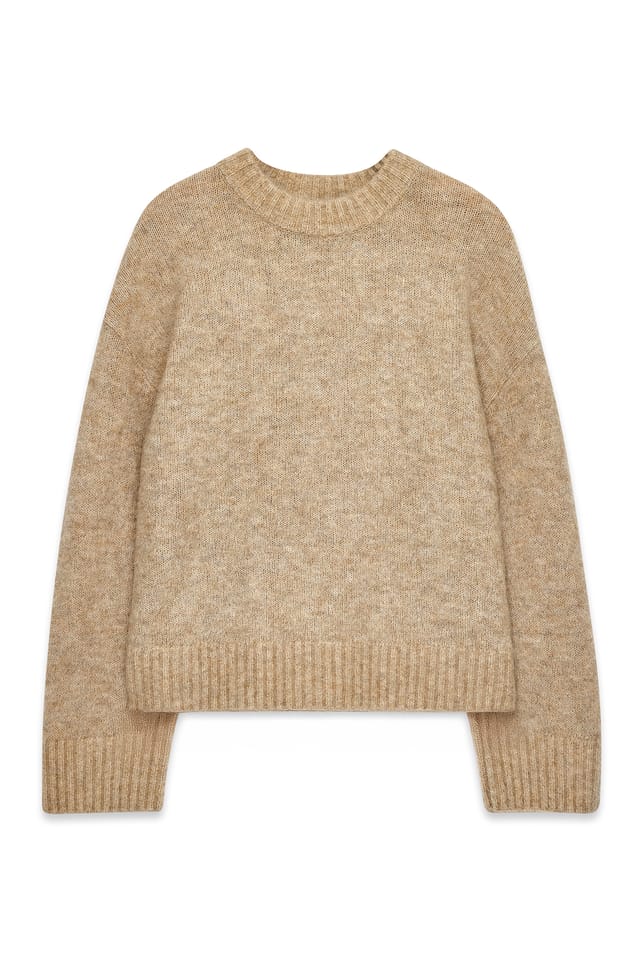 Beige Knitted Mohair Blend Round Neck Sweater