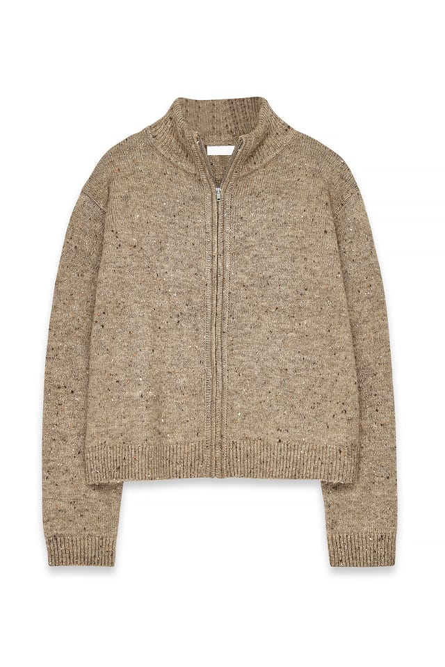 Beige Knitted Neps Zip Sweater