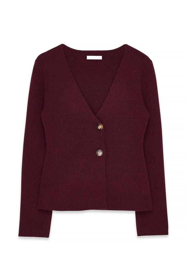 Burgundy Knitted Overlapping Fitted Cardigan
