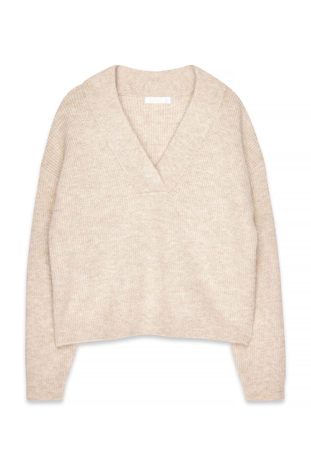Offwhite Stickad oversized tröja med V-ringning