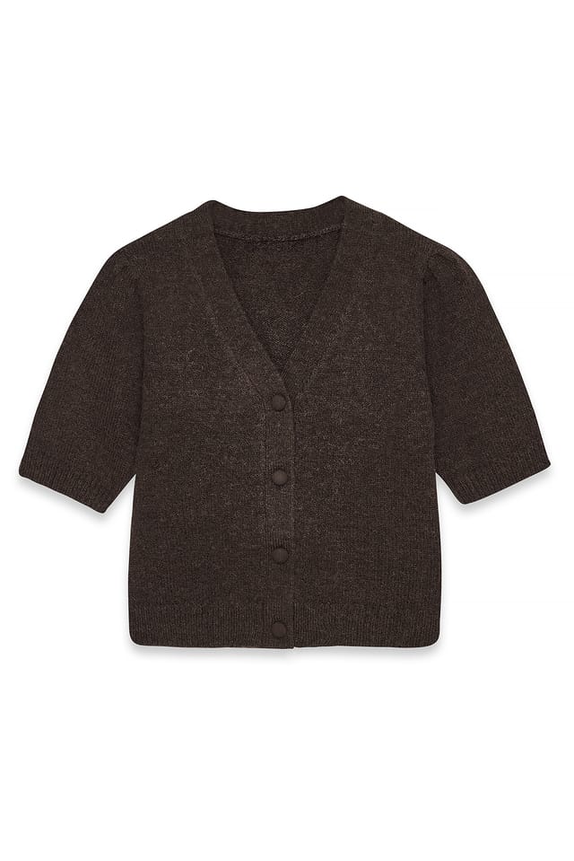 Brown Strikket cardigan i uldblanding med pufærmer