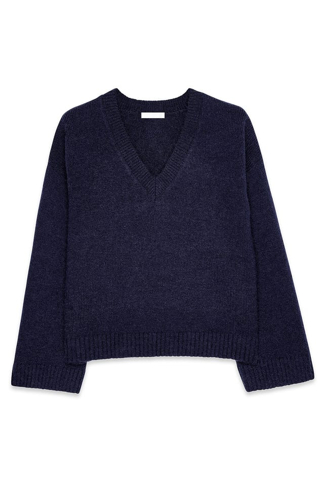 Navy Knitted V-Neck Wool Blend Sweater