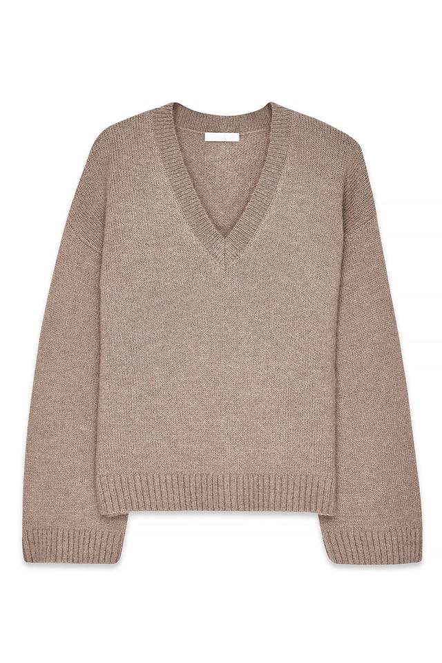 Beige Melange Strickpullover aus Wollmischung mit V-Ausschnitt