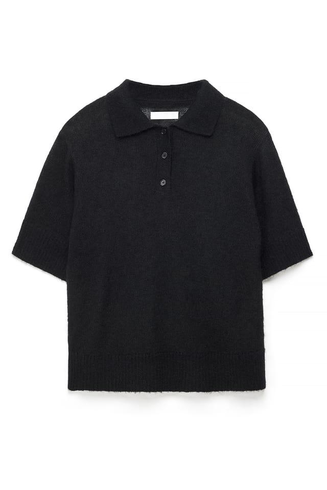 Black Knitted Wool Blend Short Sleeve Top