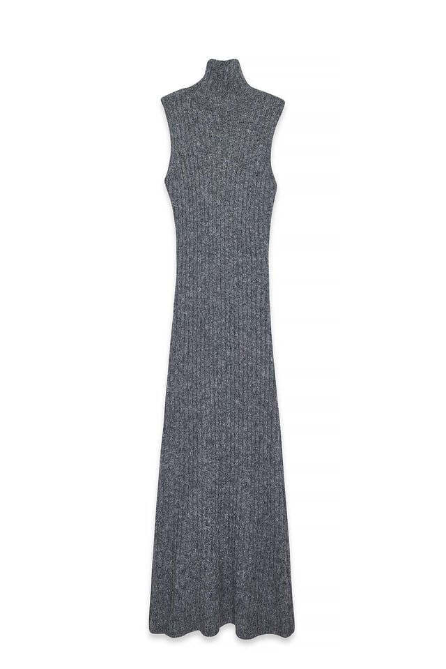 Dark Grey Knitted Wool Blend Turtleneck Maxi Dress