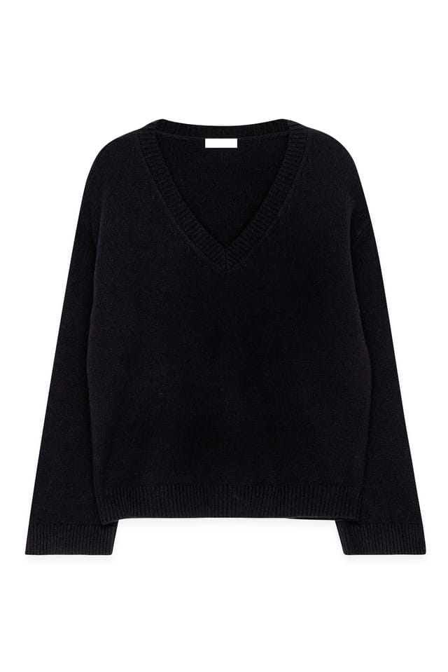 Black Oversize-Strickpullover aus Wolle mit V-Ausschnitt