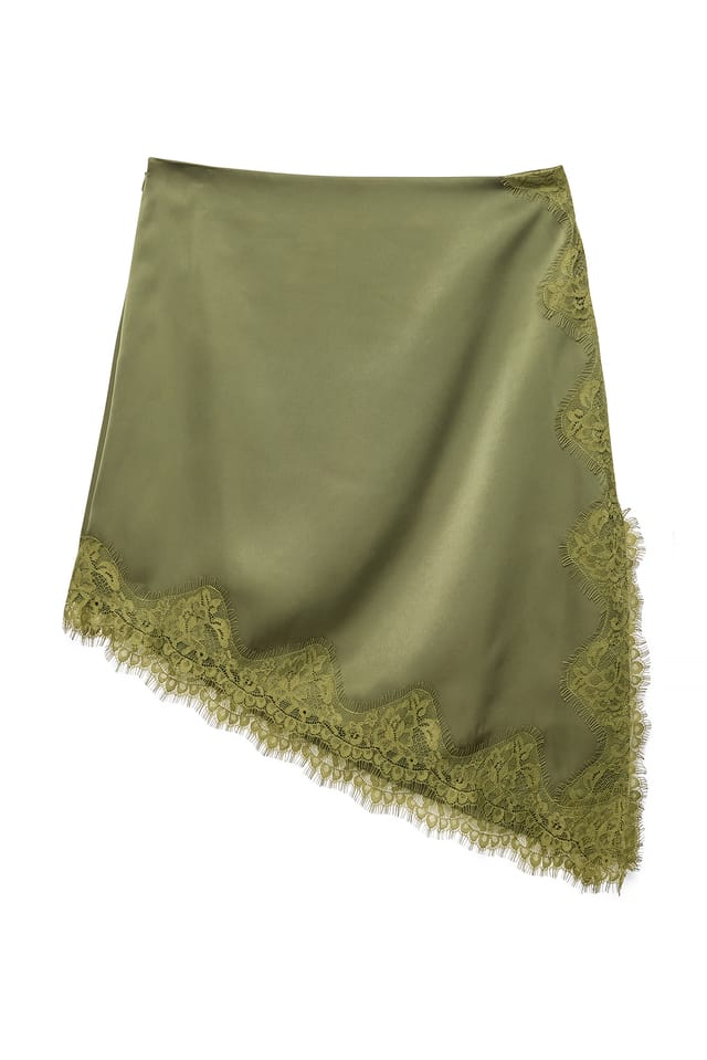 Khaki Green Asymmetrisk minikjol i spets med slits