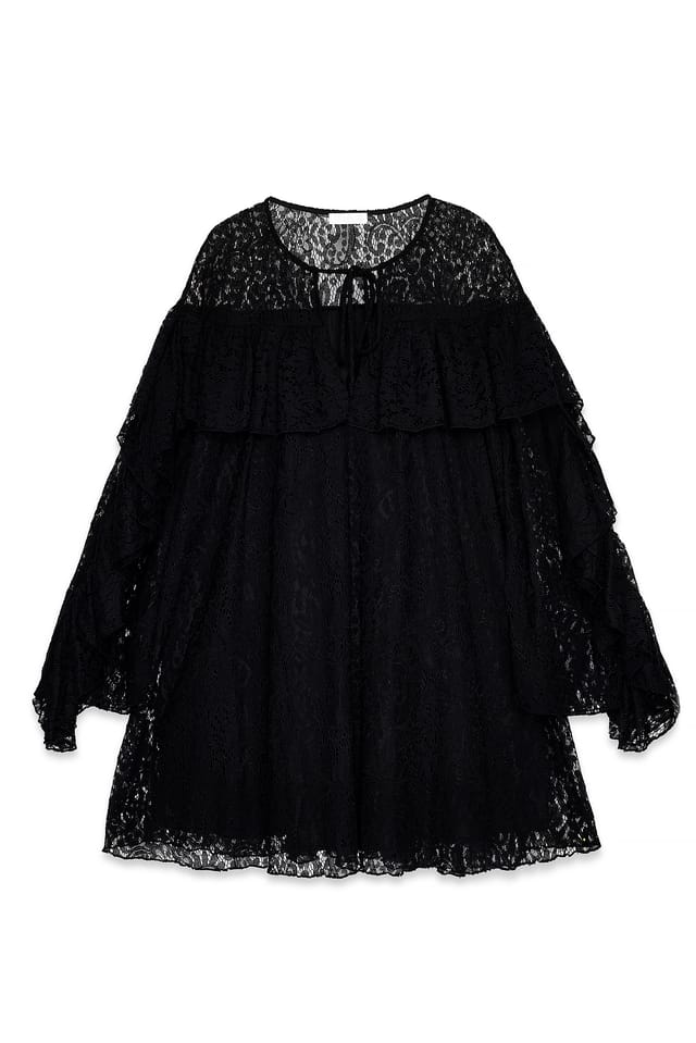 Black Lace Ruffle Long Sleeve Mini Dress