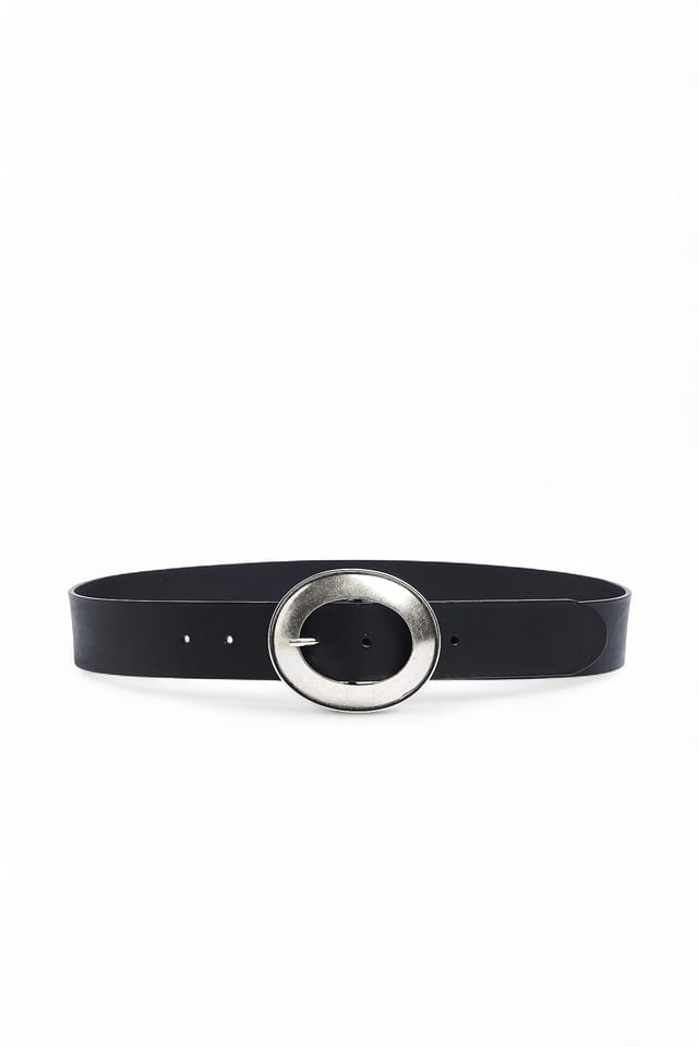 Black Leather Oval Buckle Belt