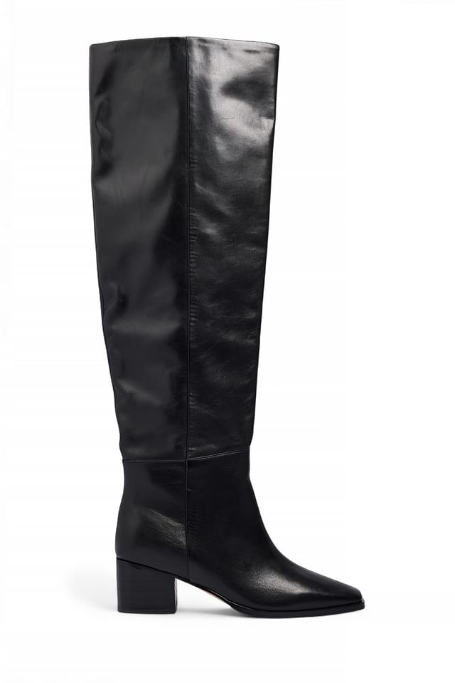 Black Leather Block Heel Straight Boots
