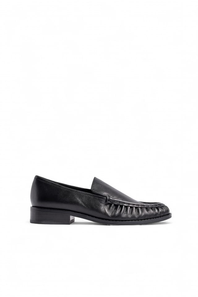 Black Leather Gathered Loafers