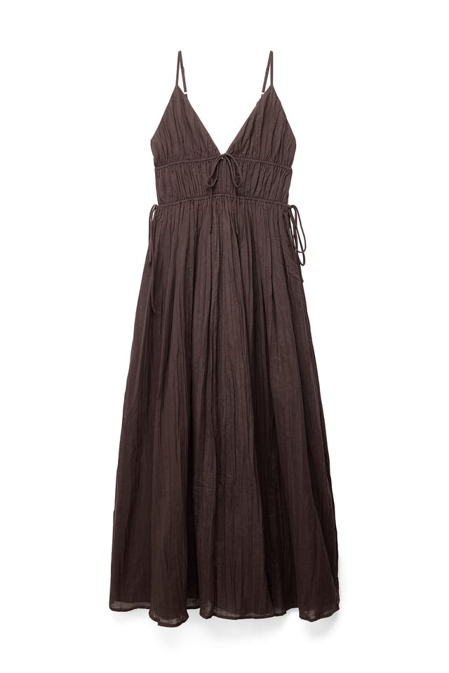 Dark Brown Linen Blend Crinkle Volume Strap Dress