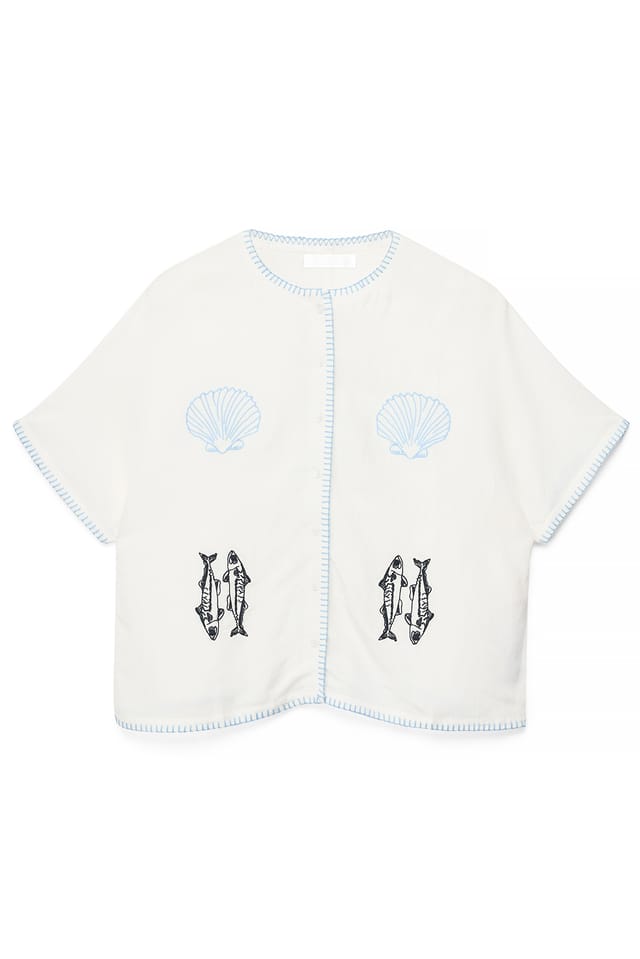 Offwhite Kort bluse i hørblanding med broderi
