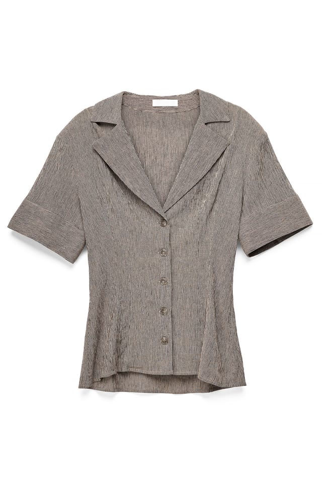 Light Grey Stripe Linstoffblanding Strukturert Kortermet Skjorte