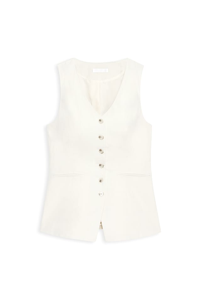 Cream Linen Blend V Neck Vest