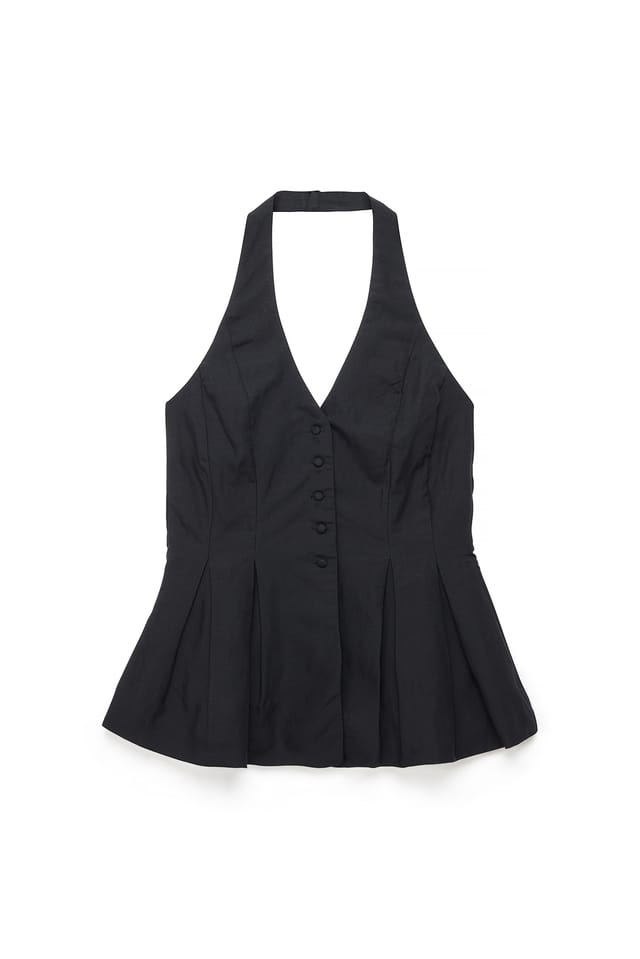 Black Linen Lyocell Blend Halterneck Vest Top
