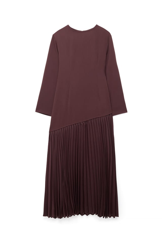 Dark Plum Long Sleeve Asymmetric Plisse Skirt Maxi Dress