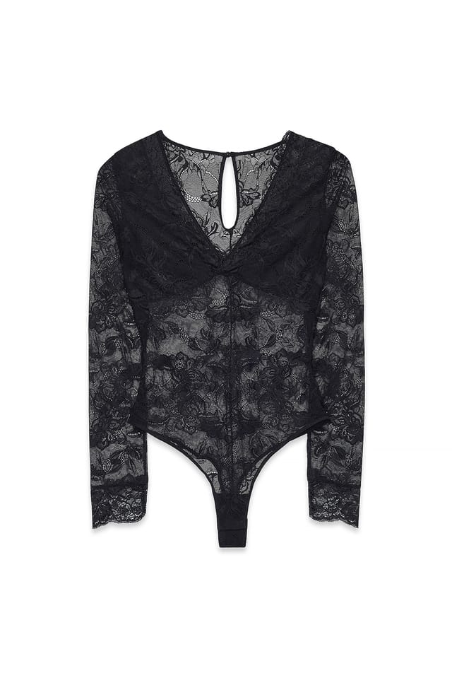 Black Langärmeliger Spitzen-Bodysuit