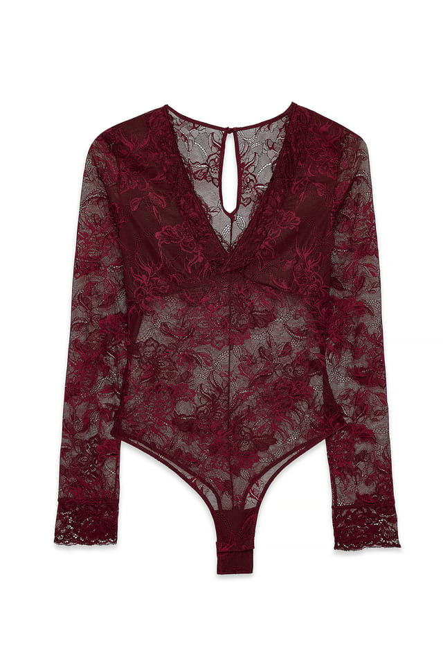 Burgundy Kanten Bodysuit met lange mouwen