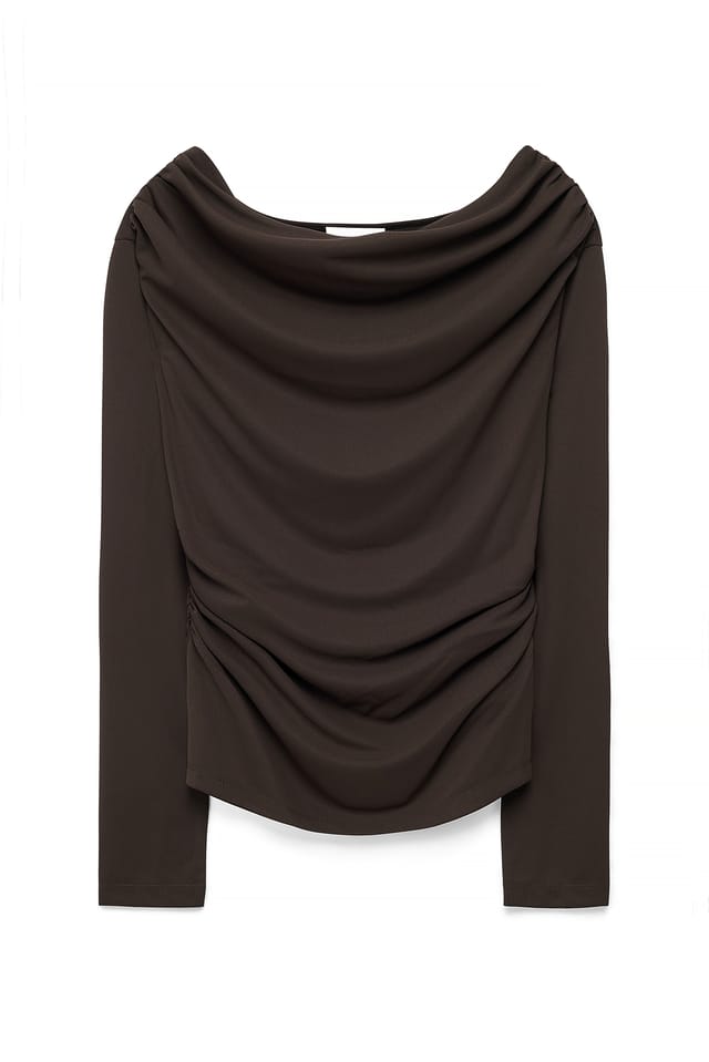 Brown Long Sleeve Draped Jersey Top