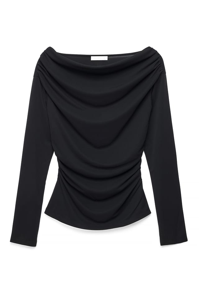 Black drapiertes Langarm-Jersey-Oberteil