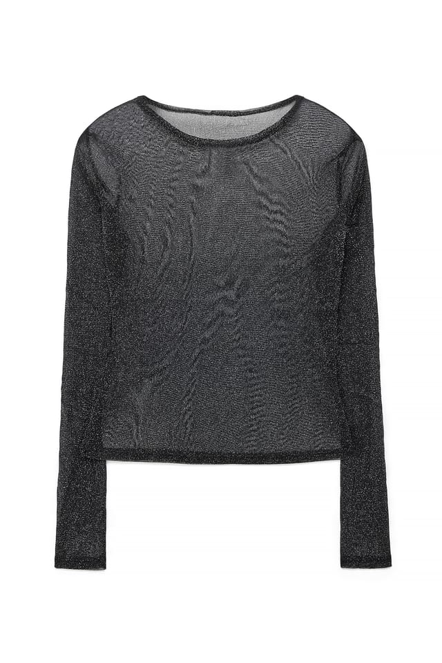 Black Glitzer Mesh-Oberteil mit langen Ärmeln