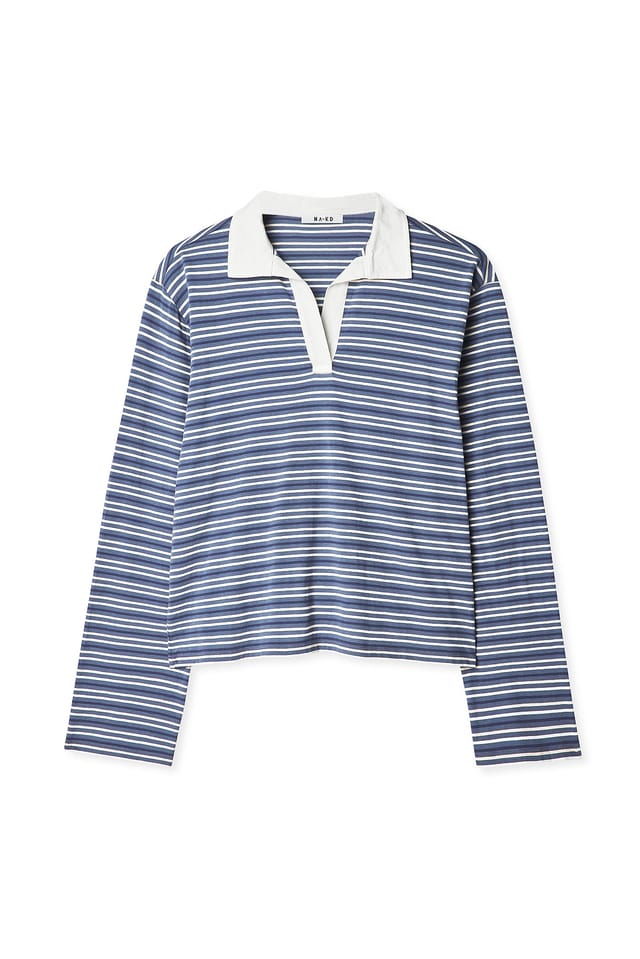 Indigo/Ecru Stripe Long Sleeve Polo Shirt