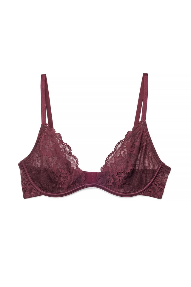 Dark Red Low Plunge Lace Bra