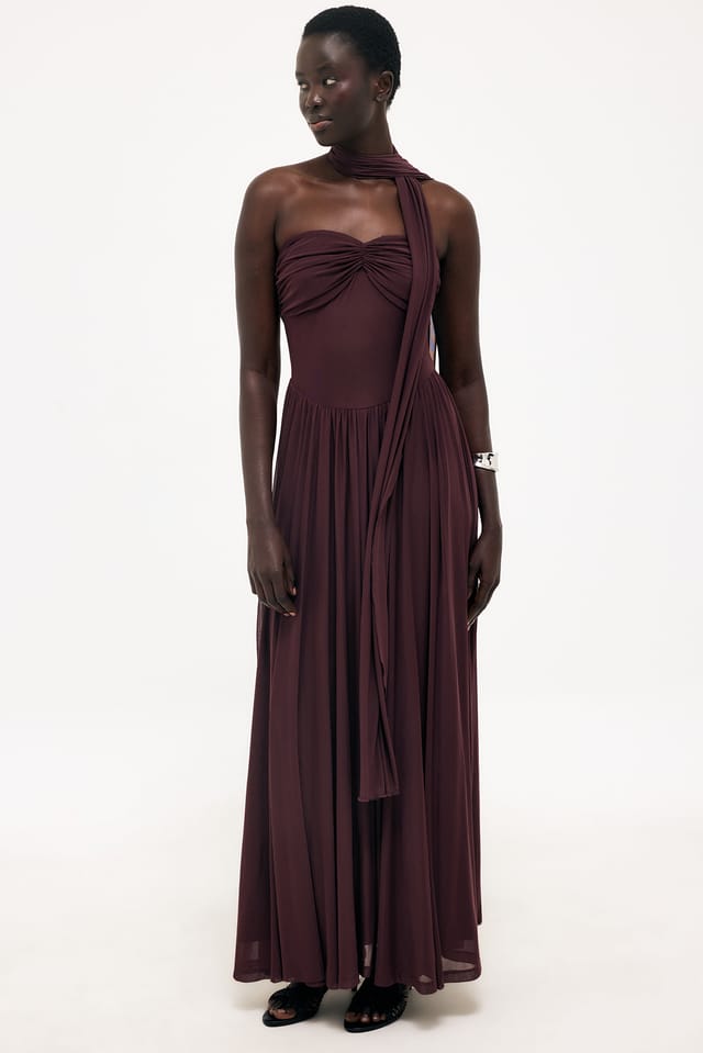 Brown Mesh Scarf Maxi Dress