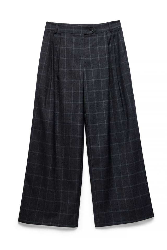 Blue Mid Waist Checked Pants