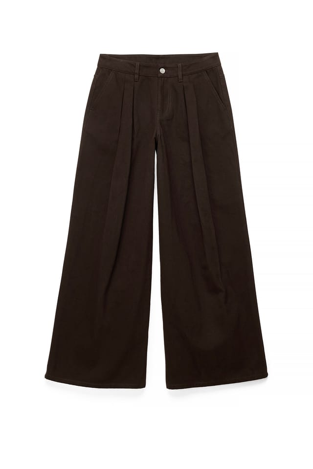 Dark Brown Mid Waist Pleat Detail Baggy Jeans
