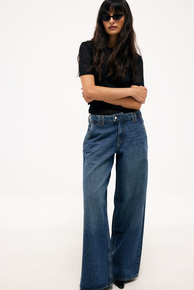 Dark Blue Mid Waist Wide Leg Jeans