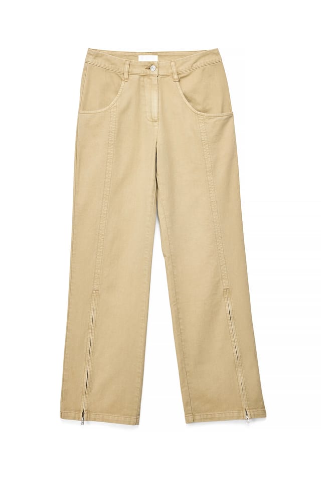 Beige Mid Waist Zip Detail Loose Fit Jeans