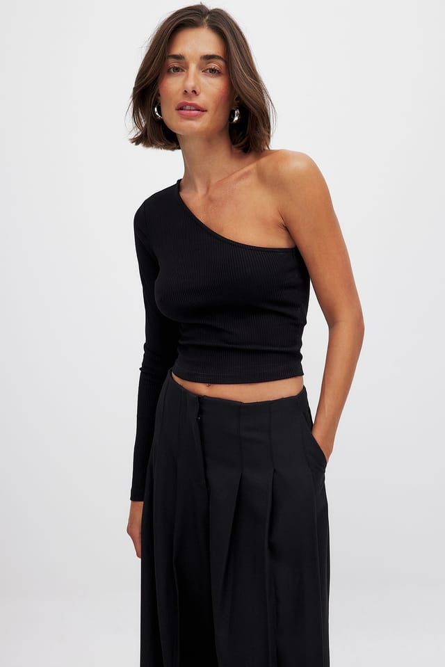 Black One Shoulder Rib Top