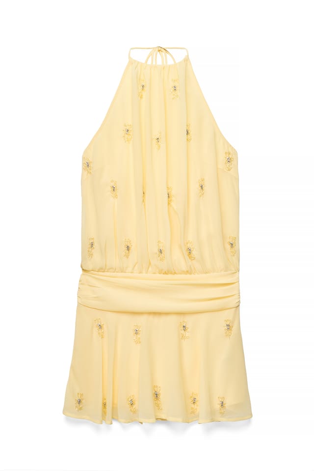 Light Yellow Open Back Pearl Detail Mini Dress
