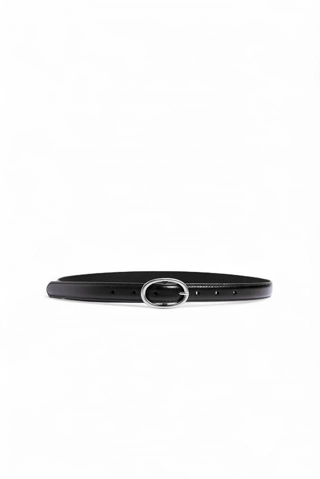 Black Oval Buckle Leather Slim Belt