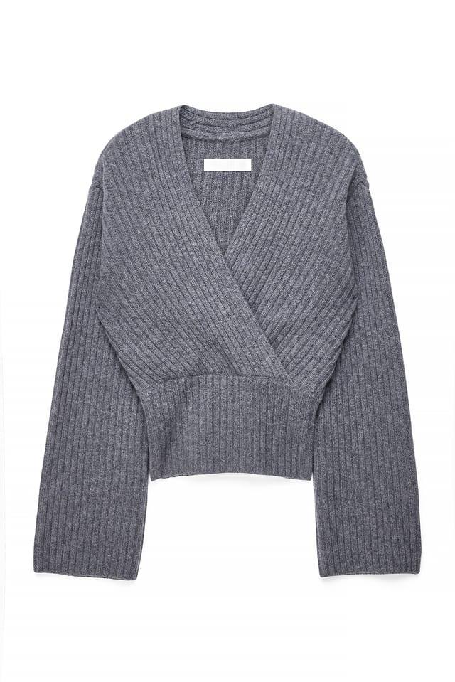Grey Melange Overlap Rib Knitted Sweater