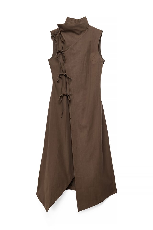 Brown Überlappung Krawatten Detail Midi Kleid