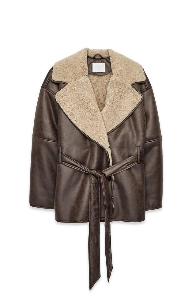 Brown Oversized Belted Shearling Jacket