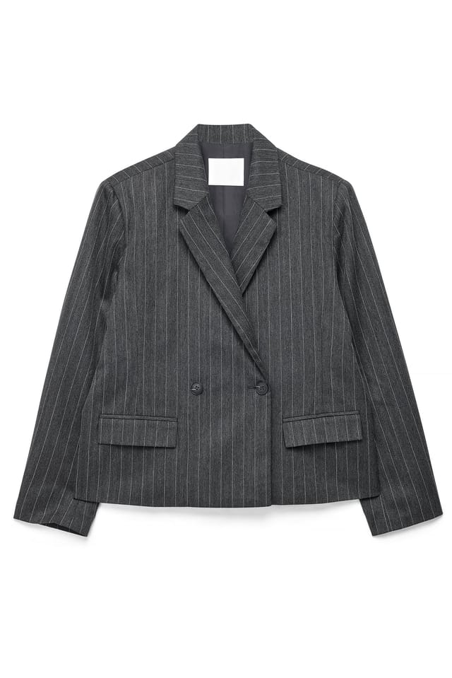 Grey Melange Oversized Cropped Pinstriped Blazer