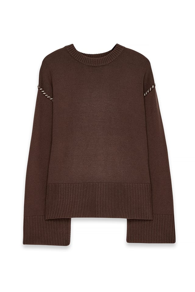 Brown Oversized Stitch Detailed Knitted Sweater