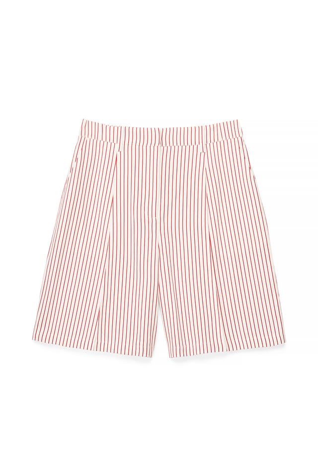 Red/White Stripe Shorts med høj talje og plisseret detalje