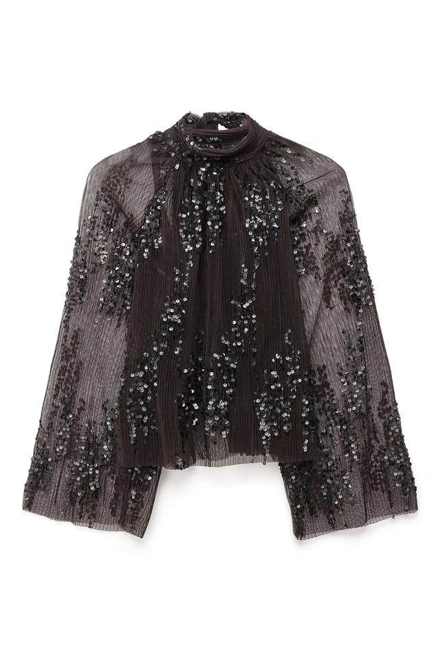 Brown Plissiertes Mesh-Pailletten-Top