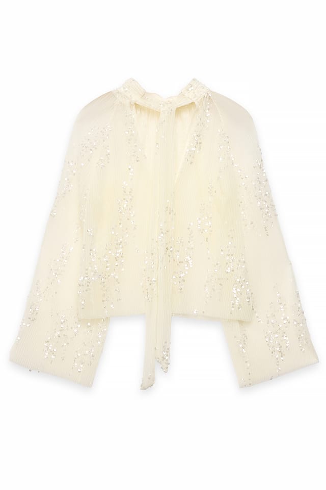 Offwhite Plissiertes Mesh-Pailletten-Top